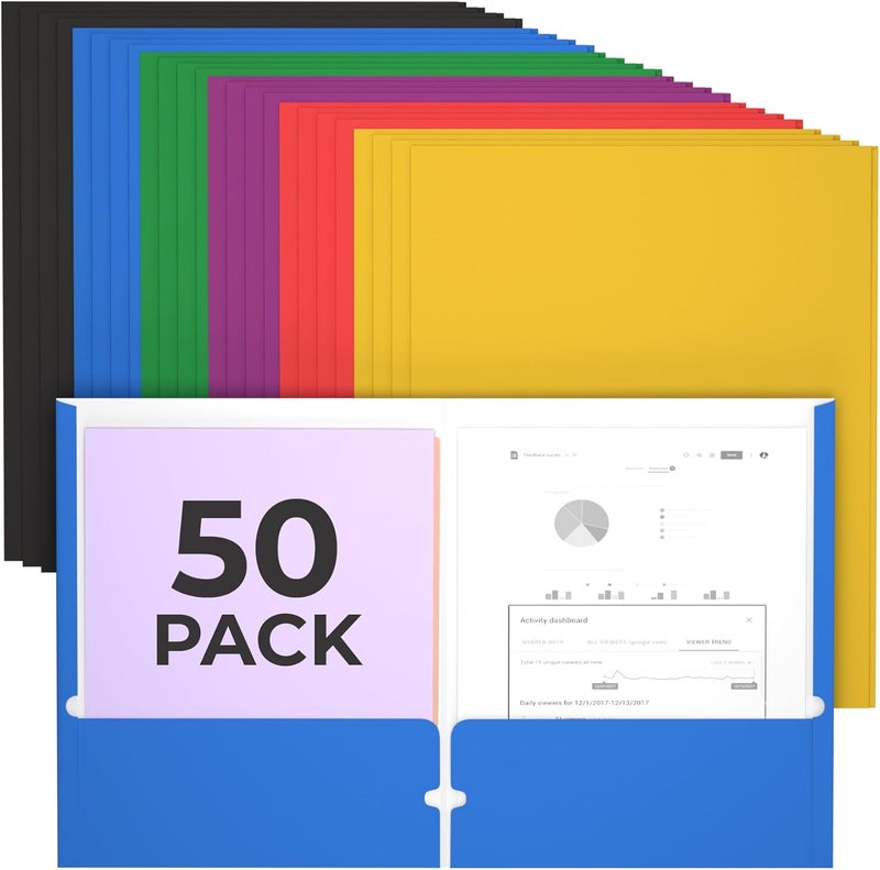 VEEBOOST Folders, Folders with Pockets, 2 Pocket Folders, Folders with Pockets Bulk, Holds 100 Sheets (50 per Pocket), Assorted Colors, Office Or School (50) - Image 1